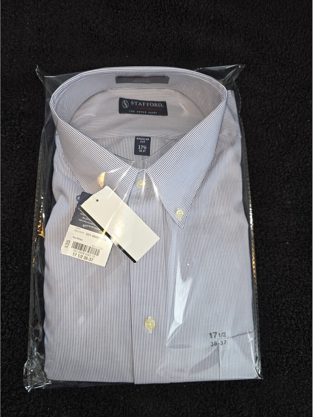 Stafford Performance Men’s Dress Shirt 17.5 36-37 Regular Fit Blue Stripe NWT